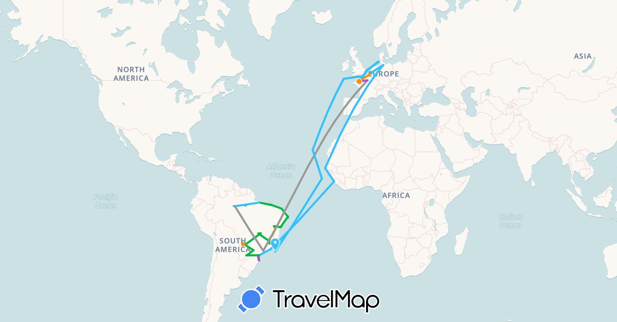 TravelMap itinerary: driving, bus, plane, train, hiking, boat, hitchhiking, motorbike in Belgium, Brazil, Germany, France, Sierra Leone, Senegal (Africa, Europe, South America)